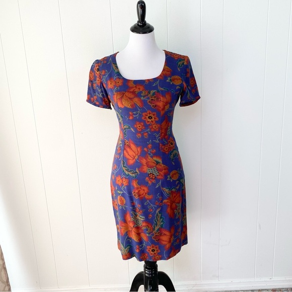 Vintage Floral Navy Orange Pencil Dress Size XS Short Sleeve Scoop Neck Handmade - Picture 1 of 16